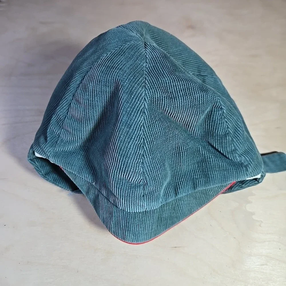 VTG Kids Teal Corduroy Ear Flap Winter Ski Cap Lined Chin Strap Rare Germany 60s